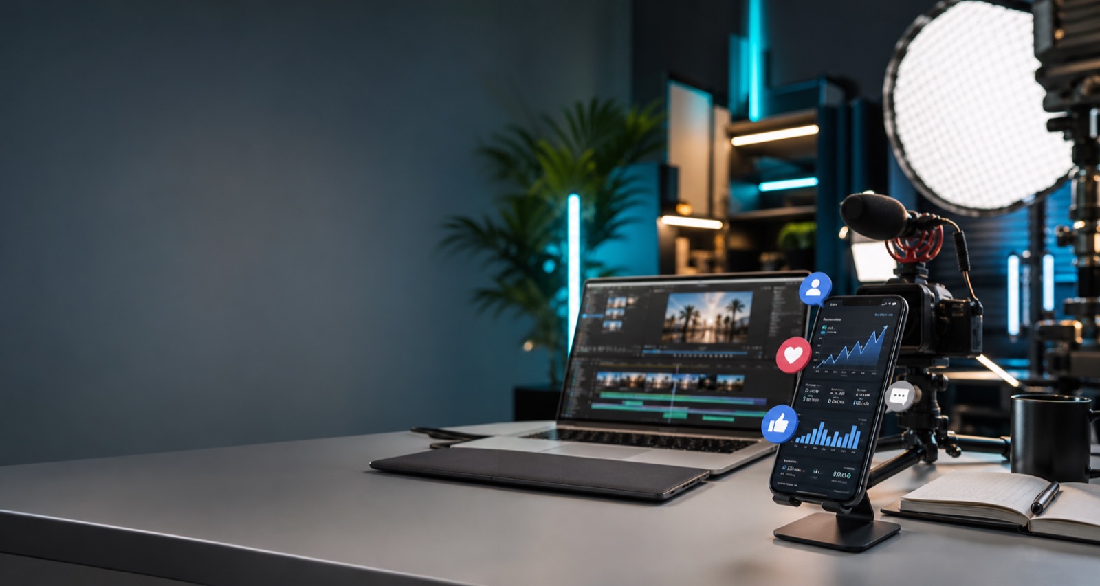 Modern content studio with social media analytics equipment